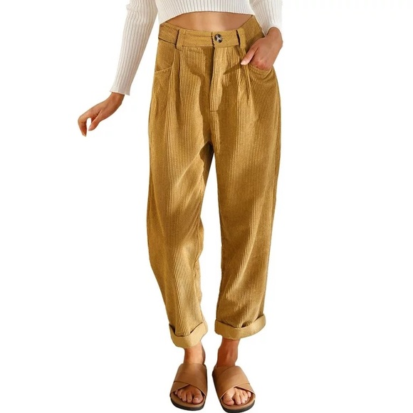 Khaki High Waisted Straight Leg Pants Casual Corduroy Pants Vintage Trousers - Picture 5 of 10